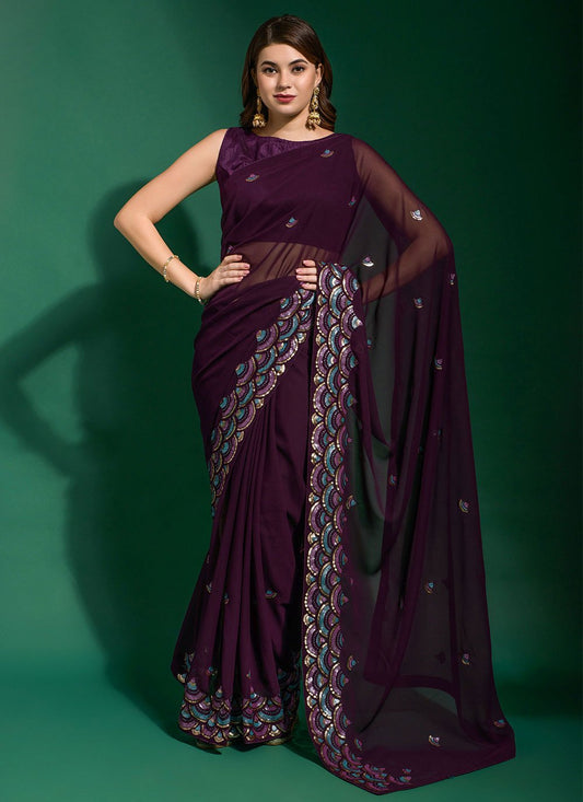 Trendy Saree Georgette Purple Embroidered Saree