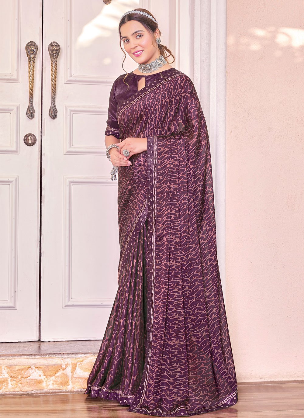 Classic Georgette Purple Print Saree