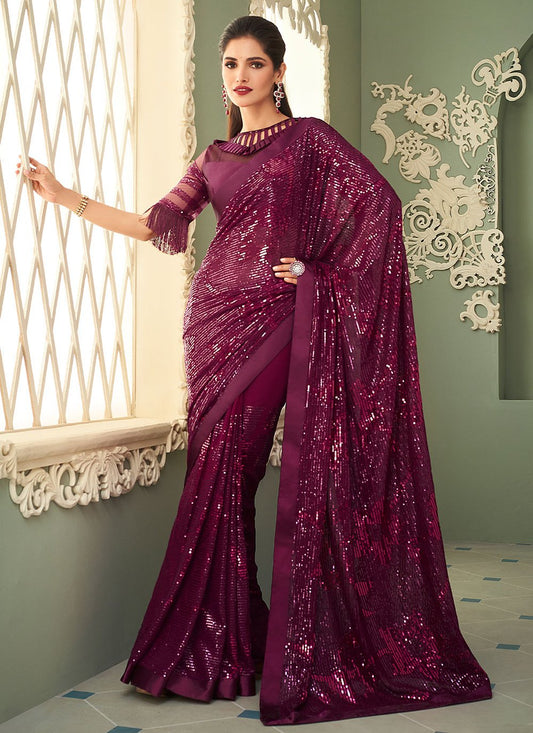 Contemporary Georgette Purple Embroidered Saree