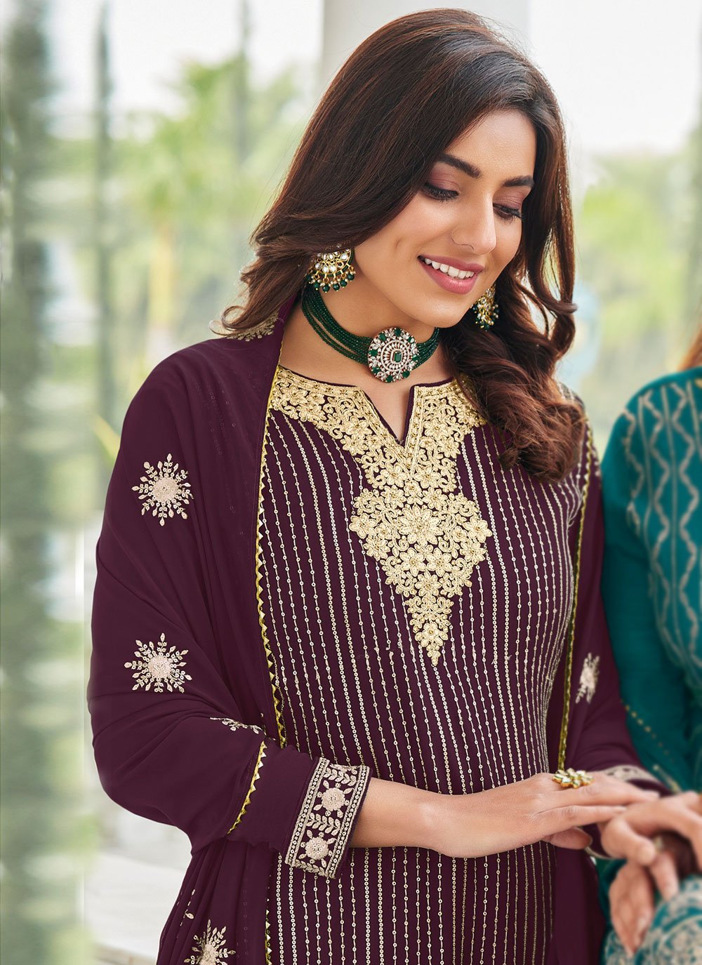 Palazzo Salwar Suit Georgette Purple Embroidered Salwar Kameez