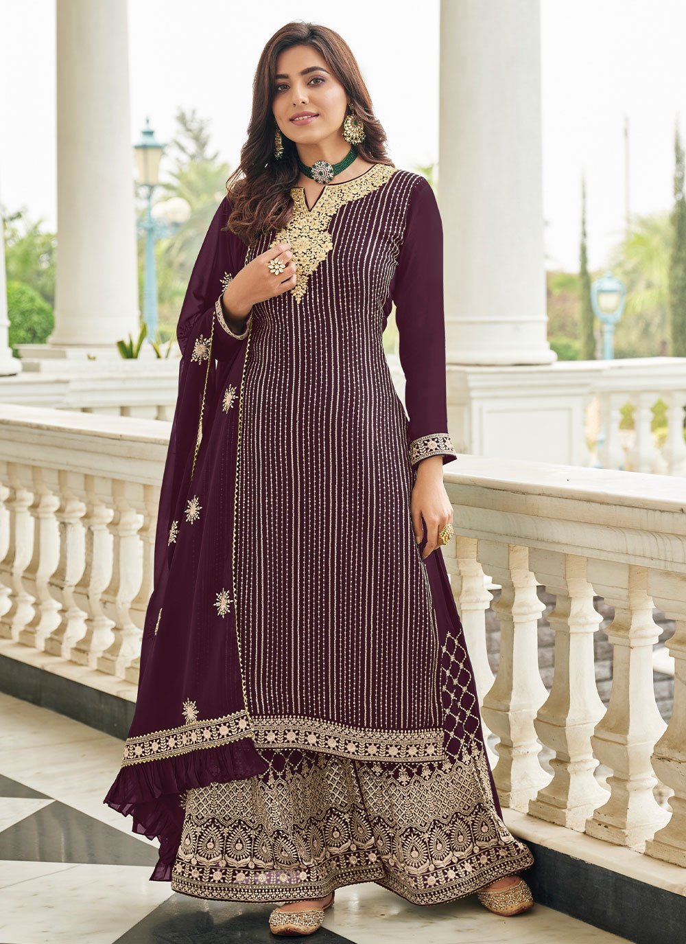 Palazzo Salwar Suit Georgette Purple Embroidered Salwar Kameez