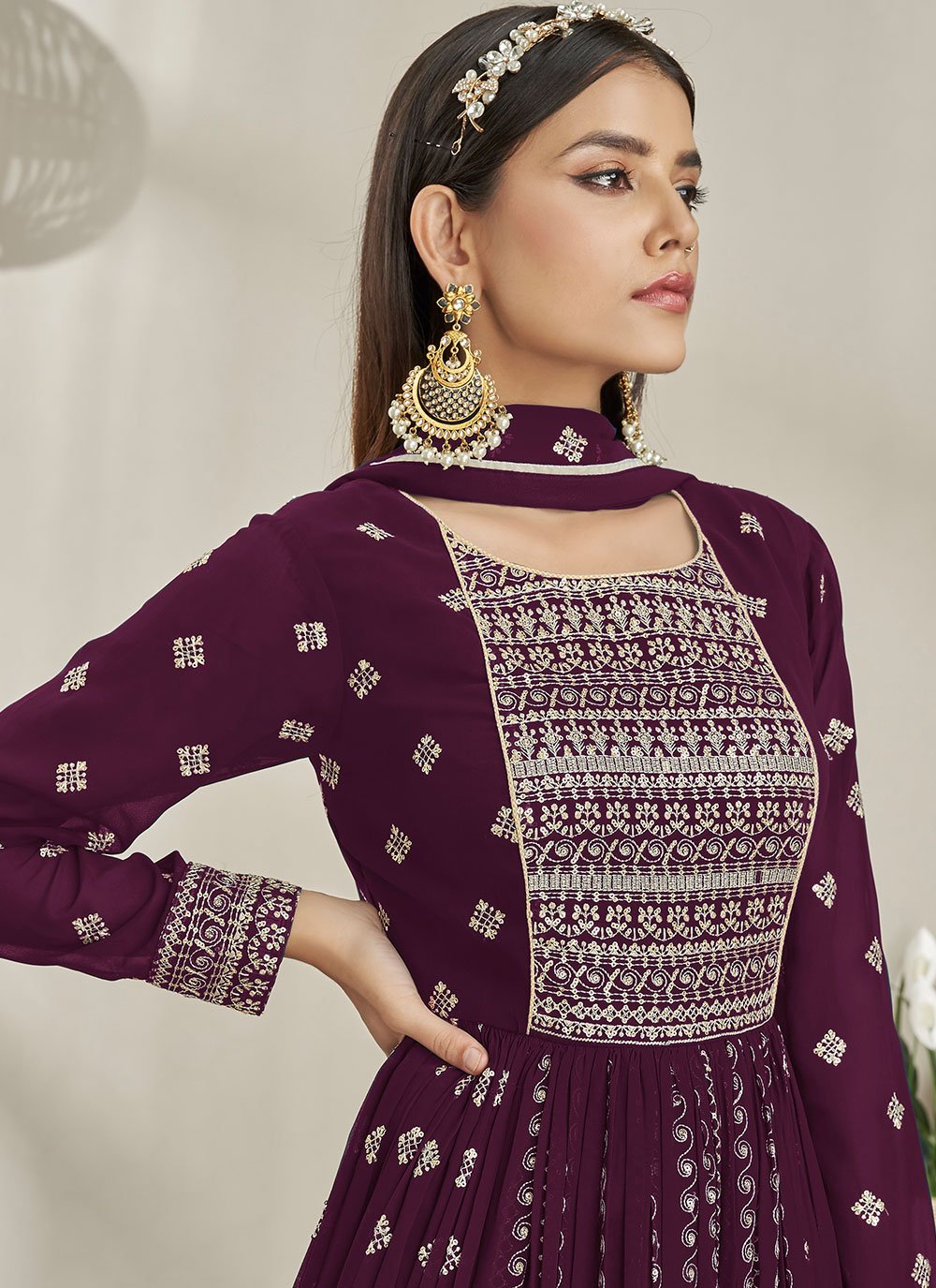 Palazzo Salwar Suit Georgette Purple Embroidered Salwar Kameez