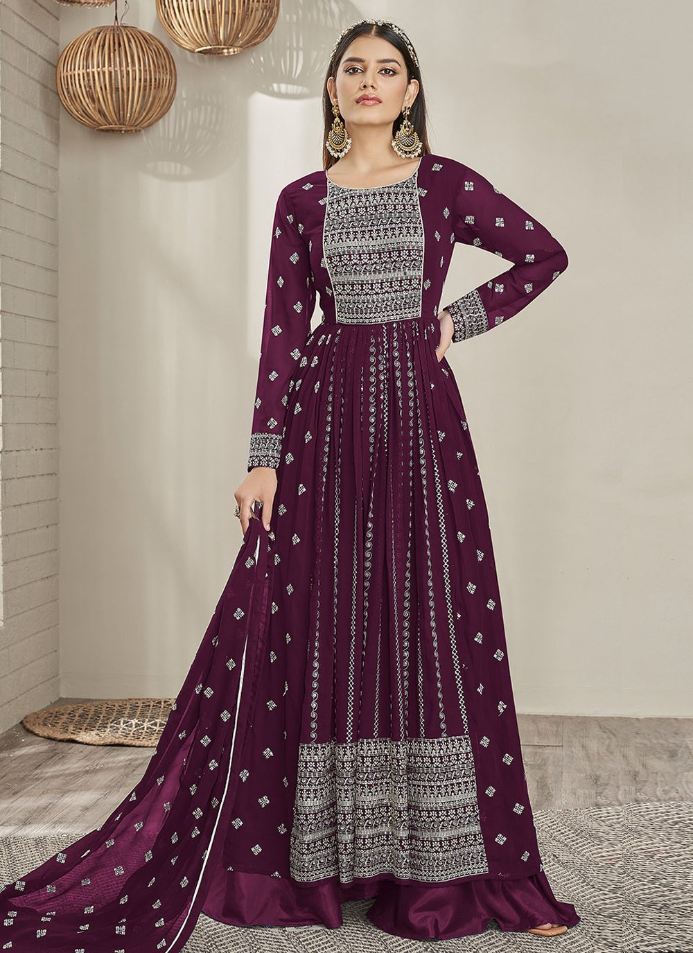 Palazzo Salwar Suit Georgette Purple Embroidered Salwar Kameez