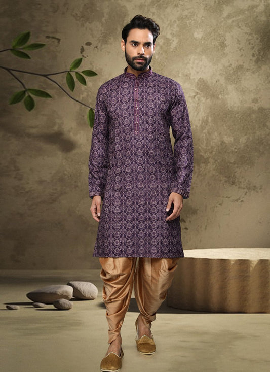 Dhoti Kurta Handloom Cotton Purple Digital Print Mens