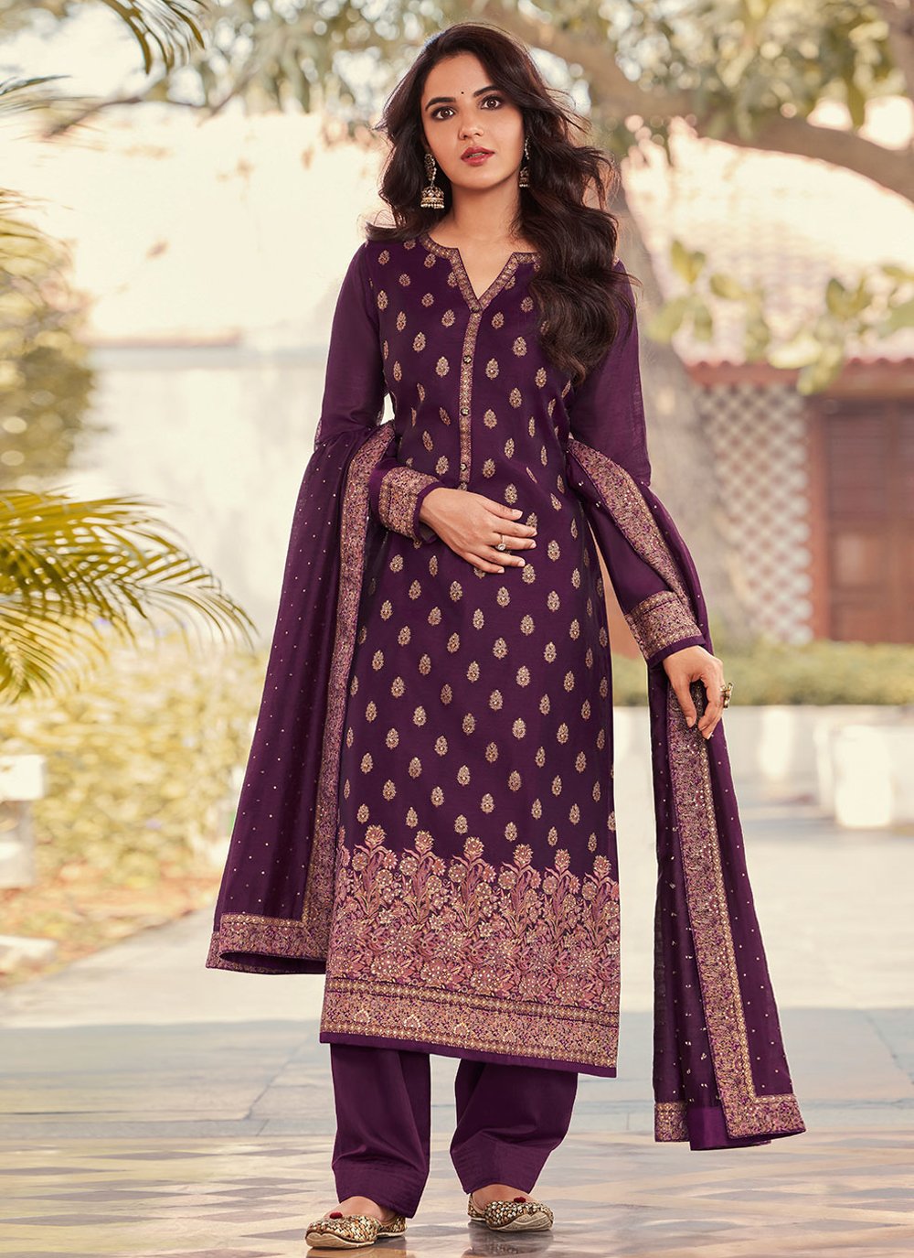 Straight Salwar Suit Jacquard Purple Embroidered Salwar Kameez