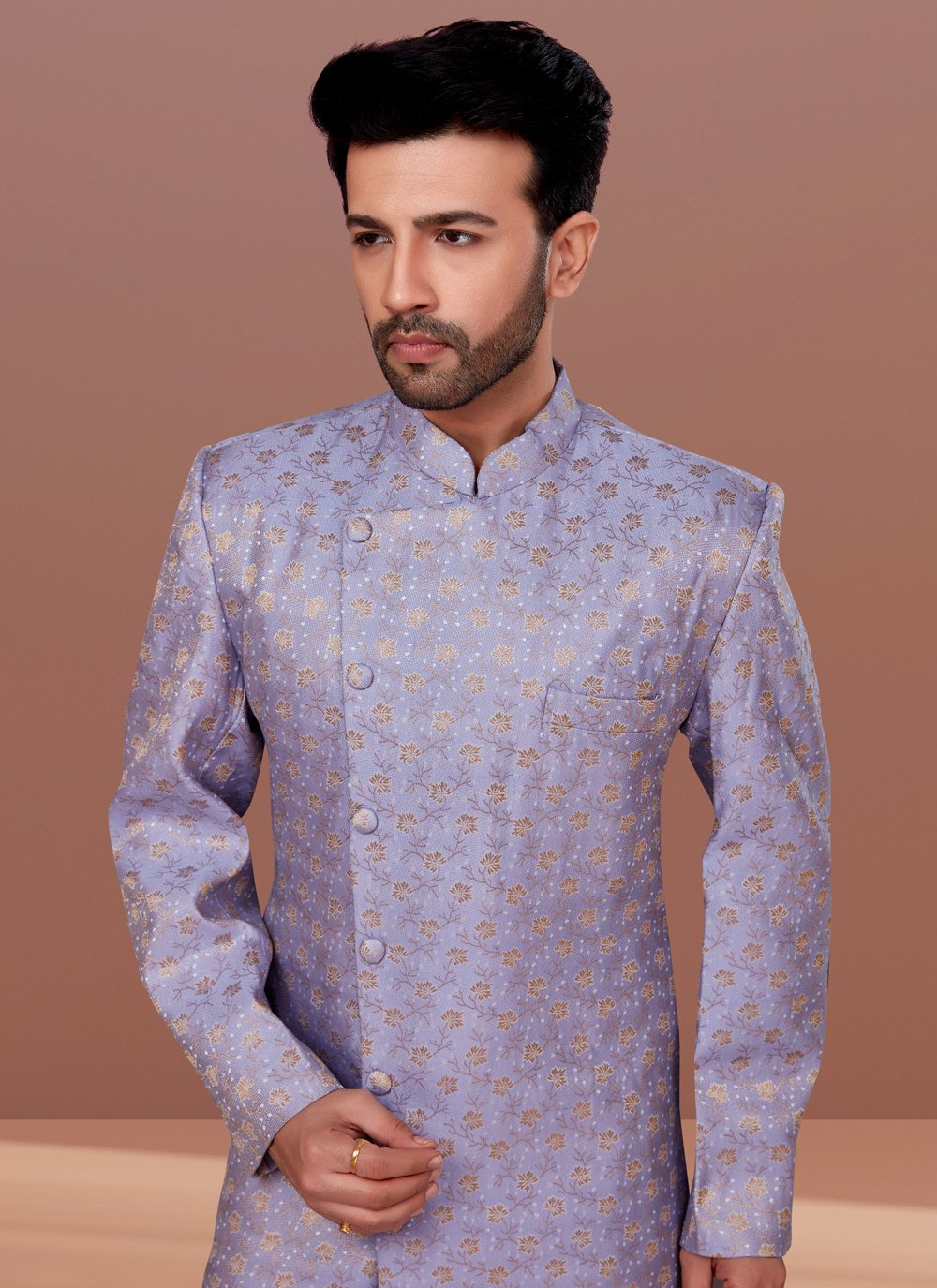 Indo Western Jacquard Purple Fancy Work Mens