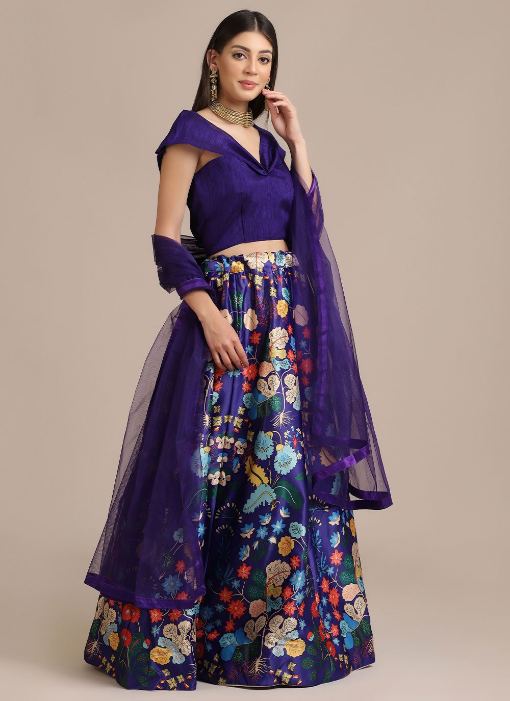 A Line Lehenga Jacquard Purple Floral Patch Lehenga Choli