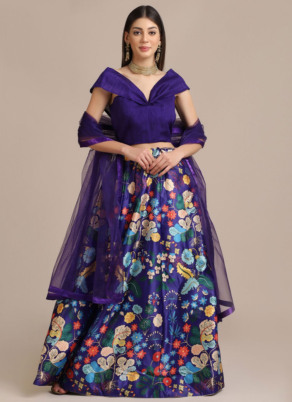 A Line Lehenga Jacquard Purple Floral Patch Lehenga Choli