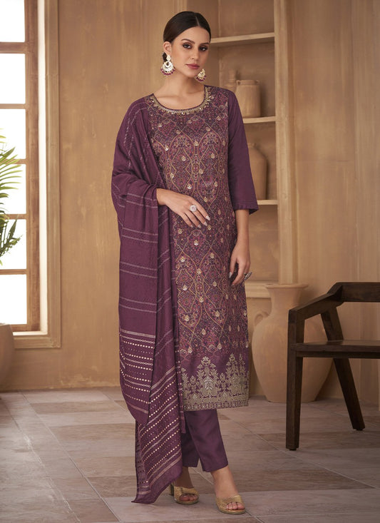 Anarkali Suit Jacquard Silk Purple Print Salwar Kameez