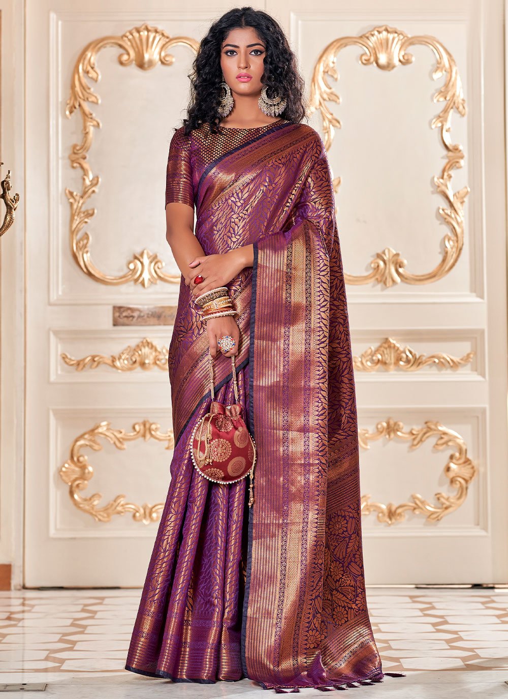 Traditional Saree Kanjivaram Silk Purple Weaving Saree