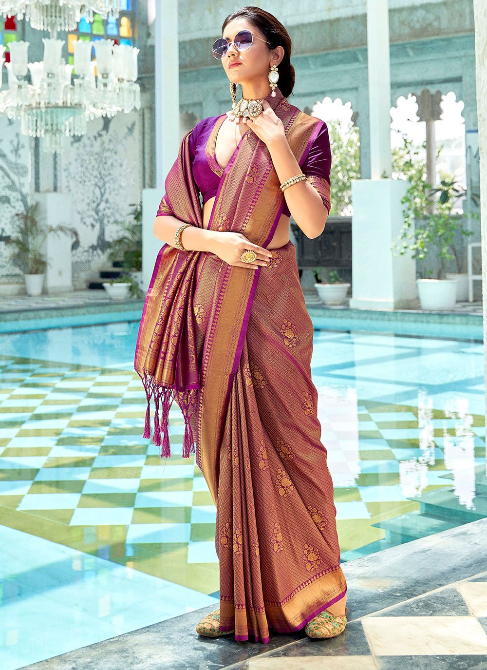 Trendy Saree Kanjivaram Silk Purple Woven Saree