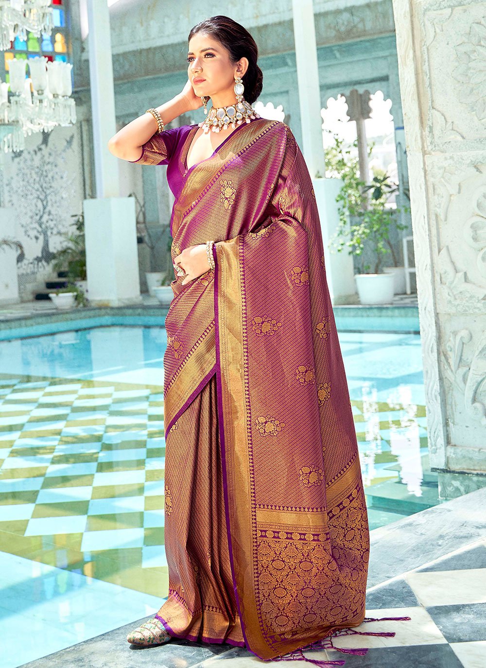 Trendy Saree Kanjivaram Silk Purple Woven Saree