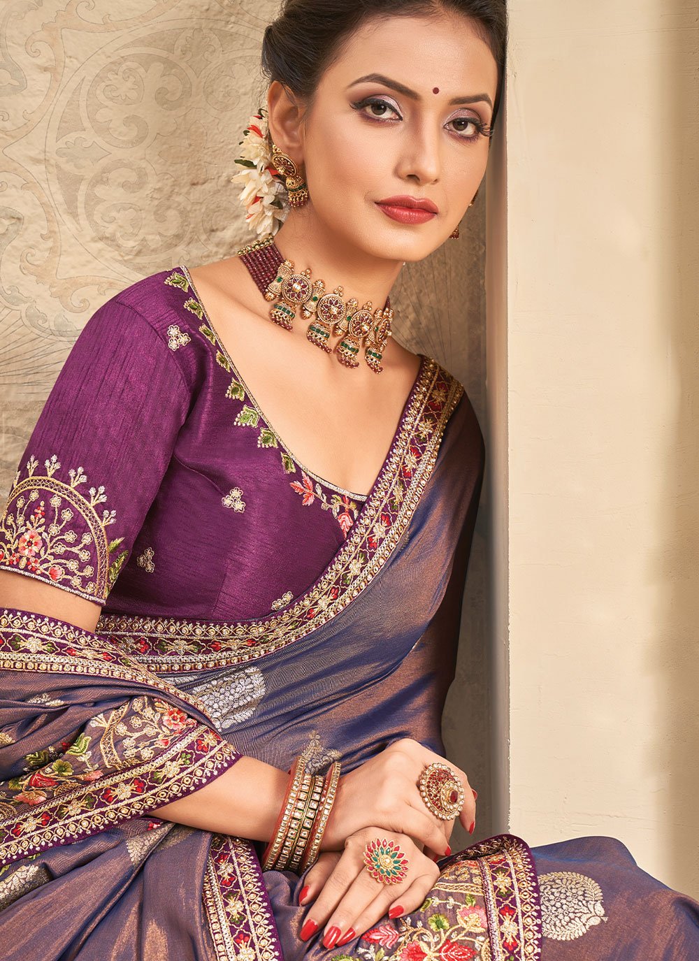 Classic Khadi Silk Purple Embroidered Saree