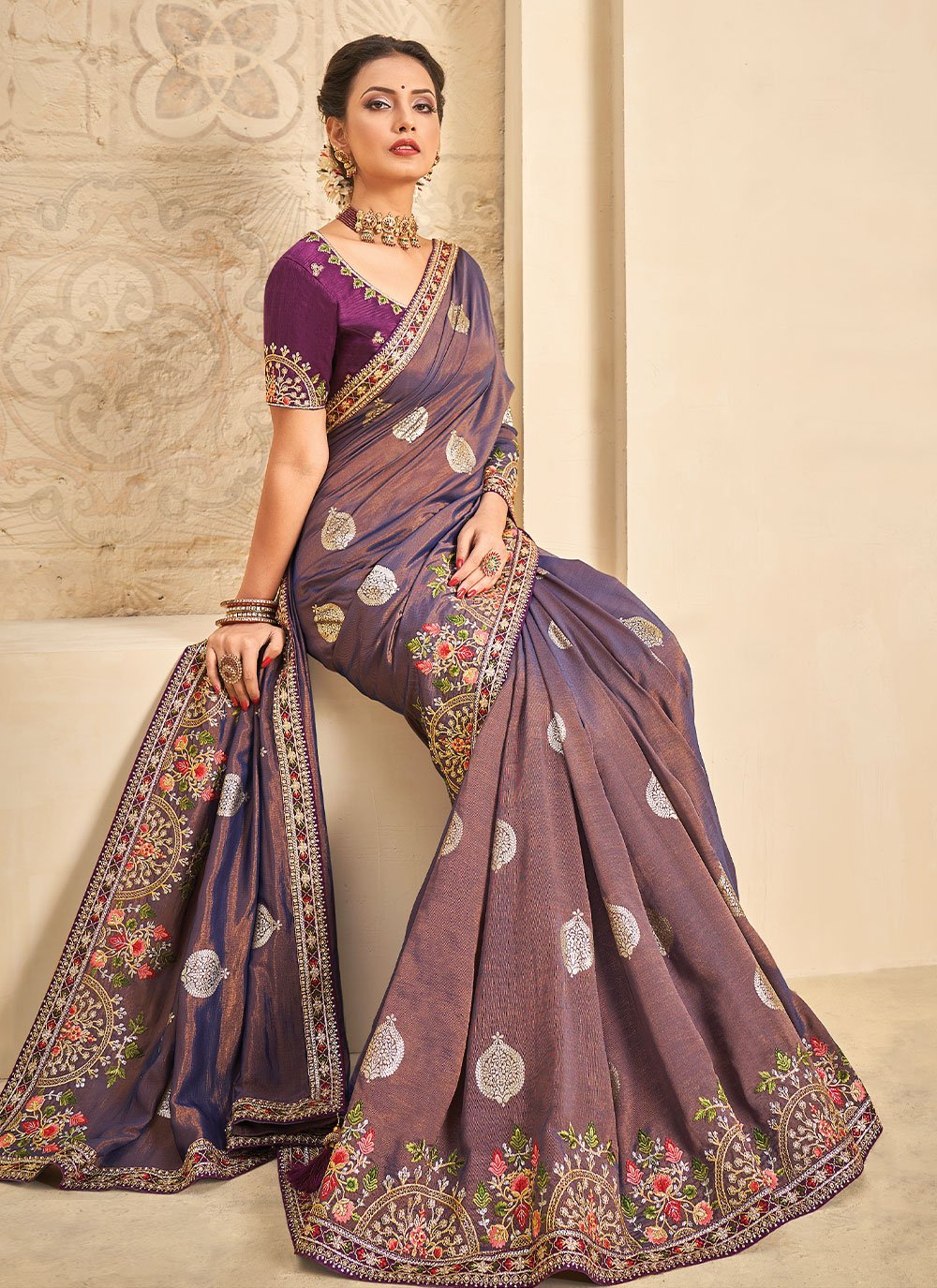 Classic Khadi Silk Purple Embroidered Saree