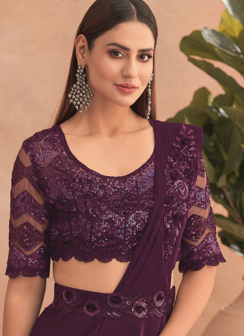 Lehenga Style Saree Net Purple Embroidered Saree