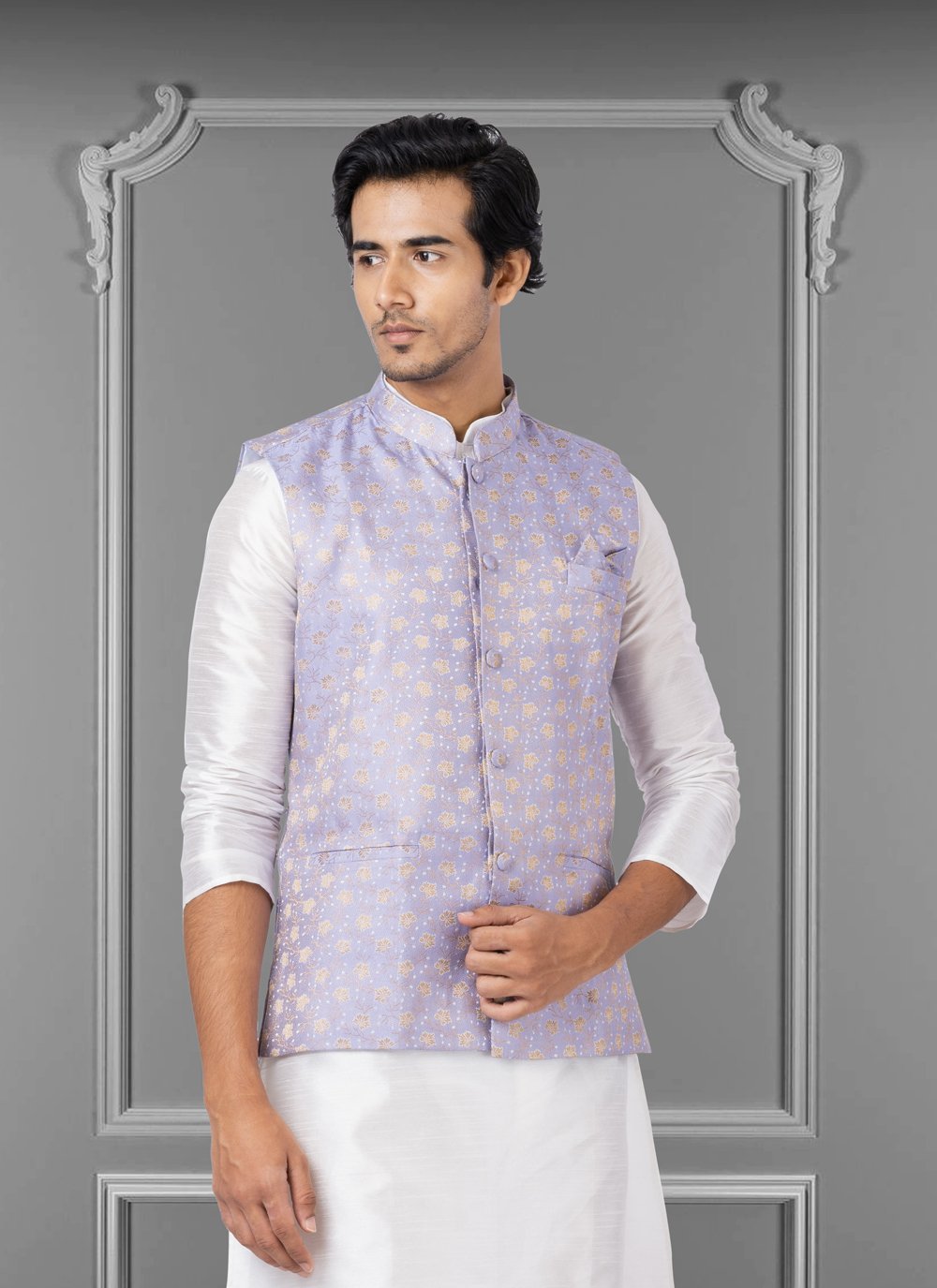 Nehru Jackets Linen Silk Purple Embroidered Mens