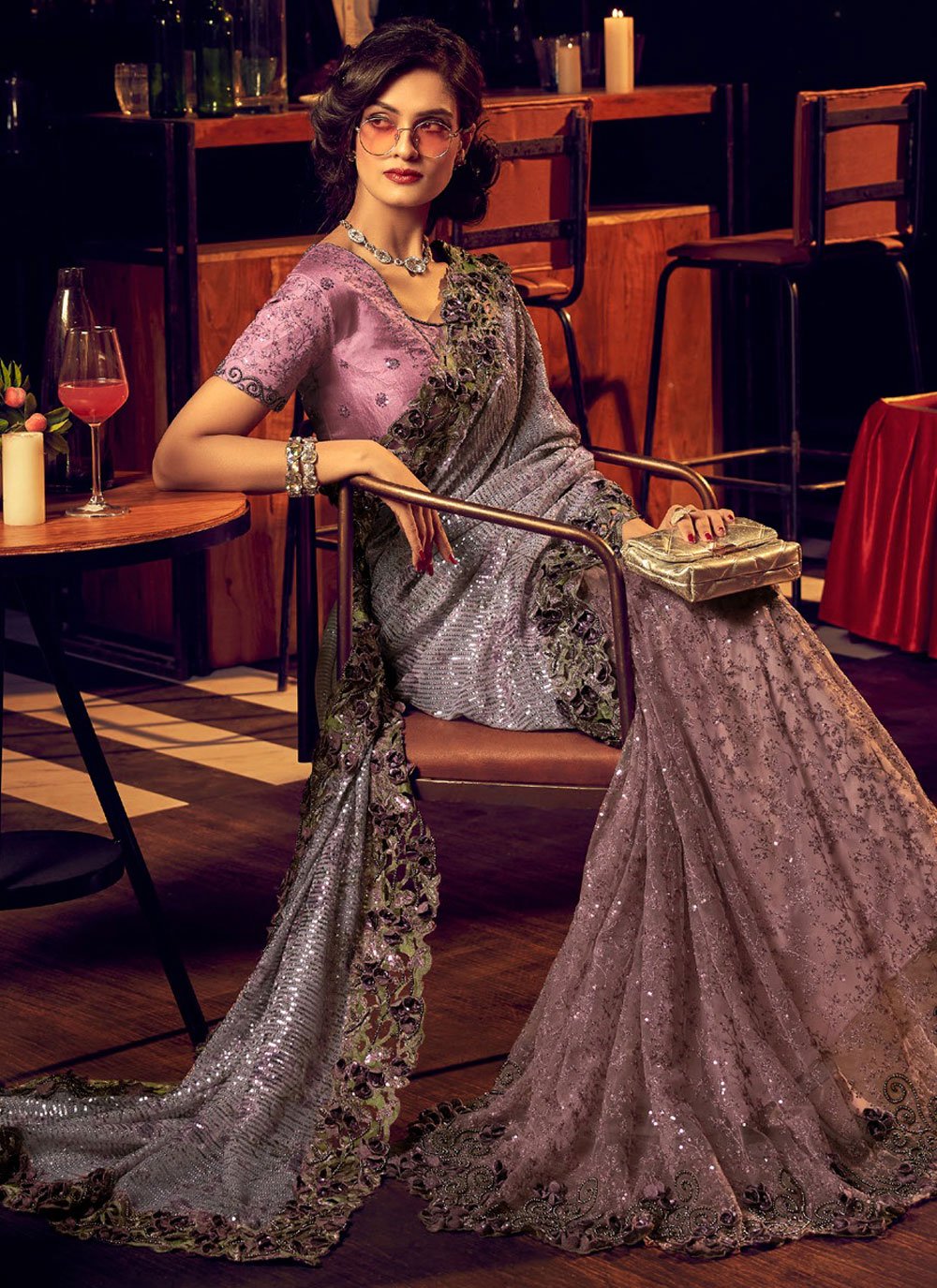 Classic Imported Lycra Purple Embroidered Saree