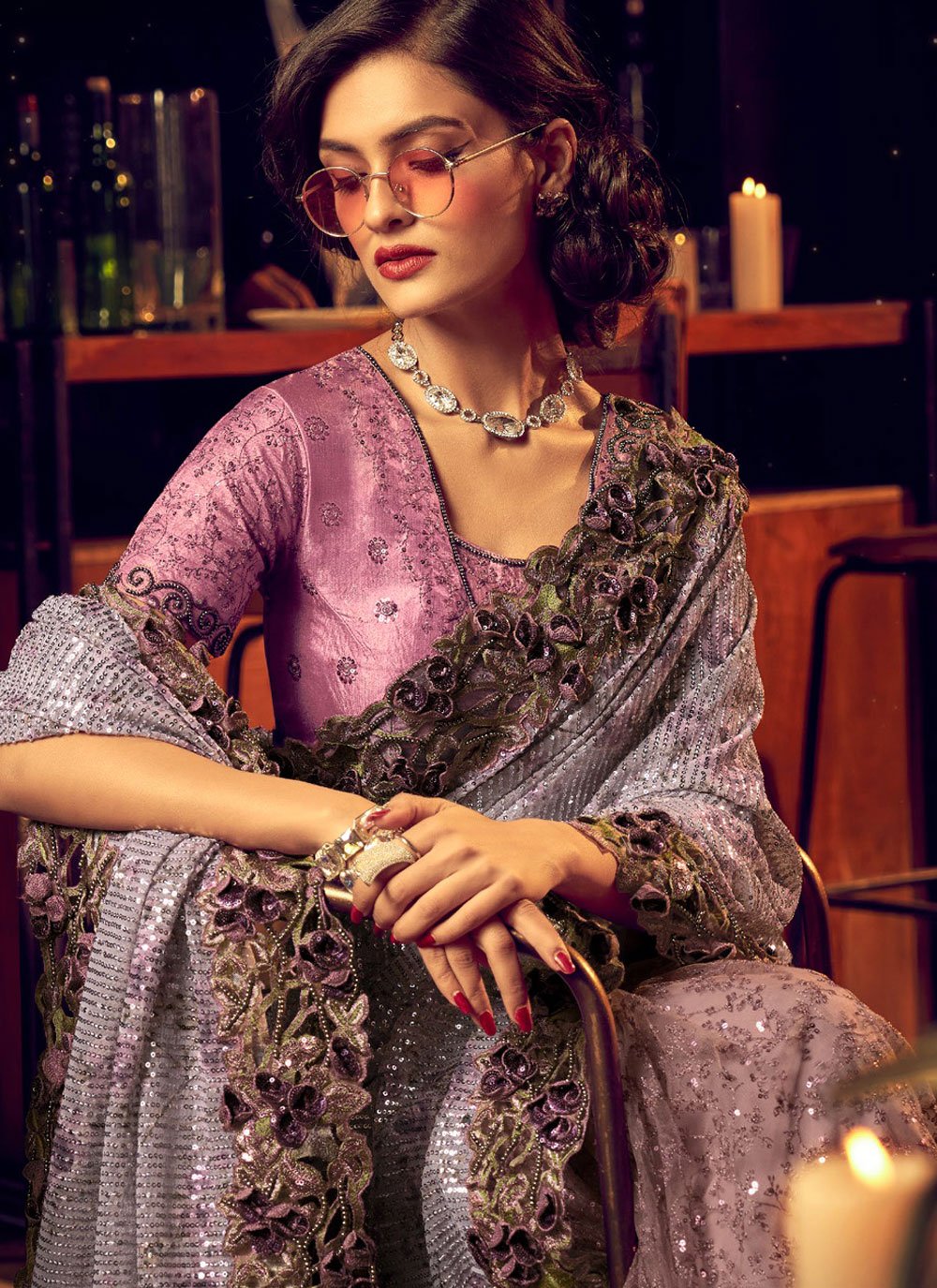 Classic Imported Lycra Purple Embroidered Saree