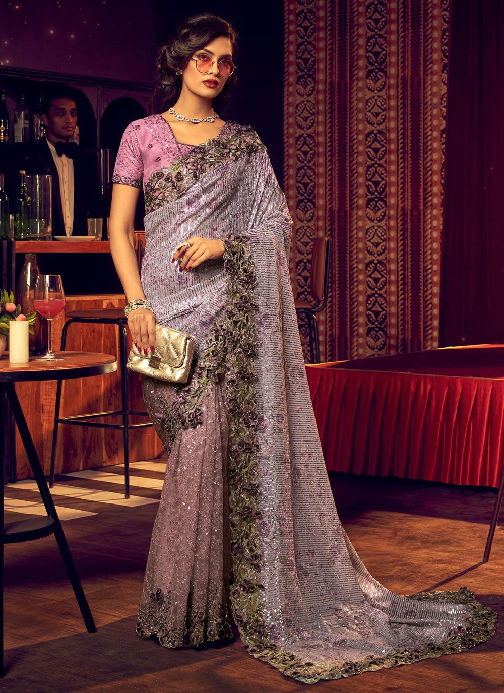 Classic Imported Lycra Purple Embroidered Saree