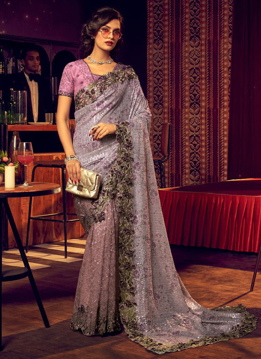 Classic Imported Lycra Purple Embroidered Saree