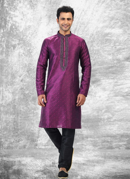 Kurta Pyjama Brocade Jacquard Silk Purple Fancy Work Mens