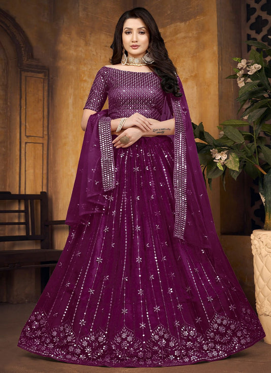 A Line Lehenga Net Purple Embroidered Lehenga Choli