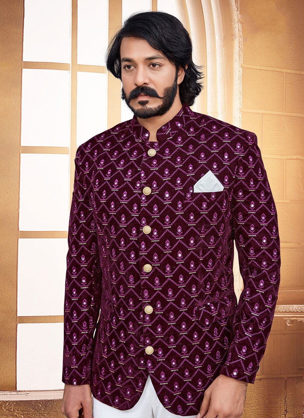 Jodhpuri Suit Velvet Purple Embroidered Mens