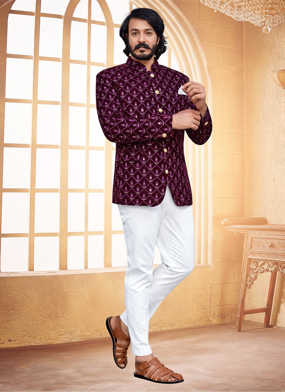 Jodhpuri Suit Velvet Purple Embroidered Mens