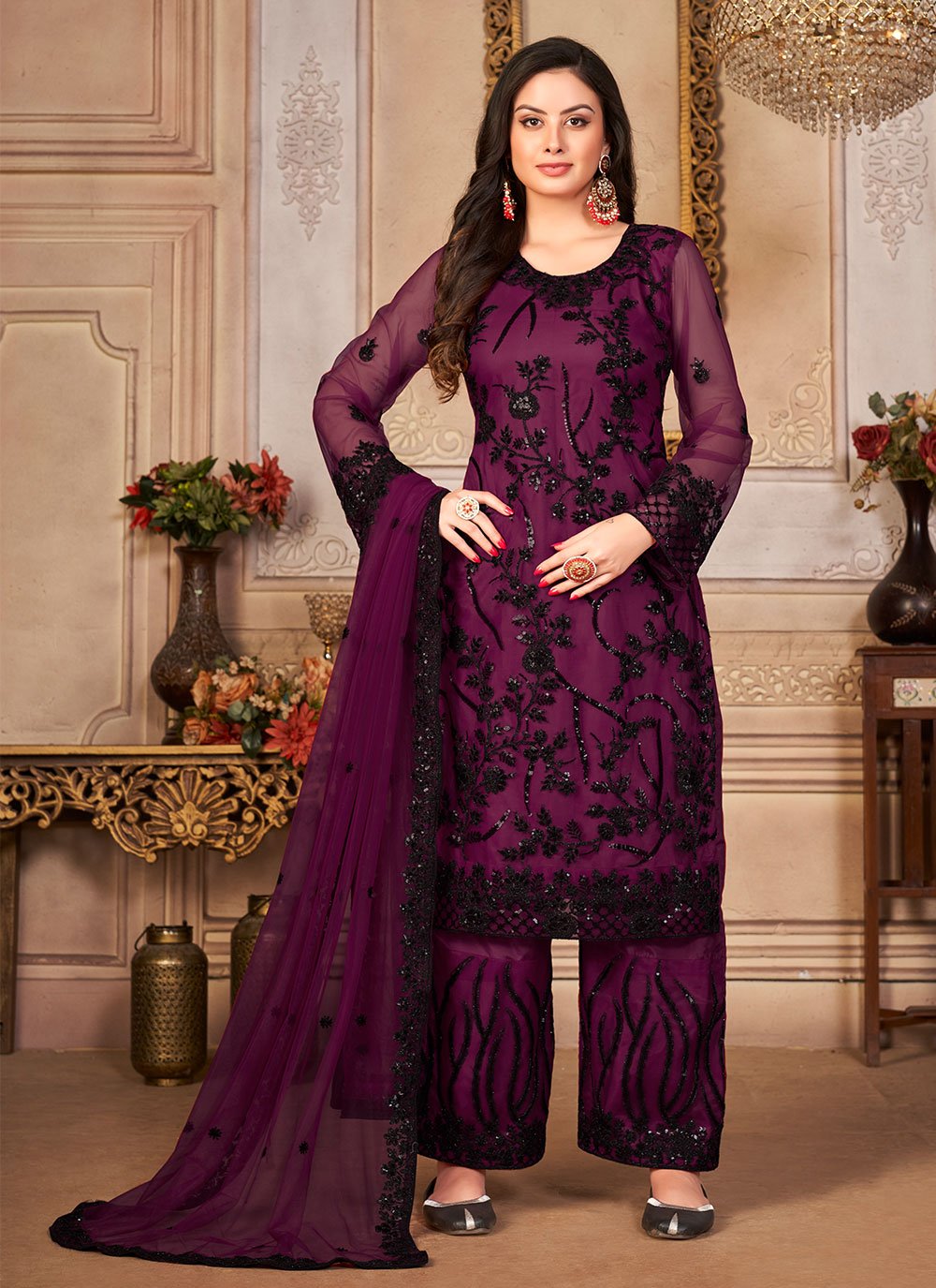 Pakistani Salwar Suit Net Purple Embroidered Salwar Kameez