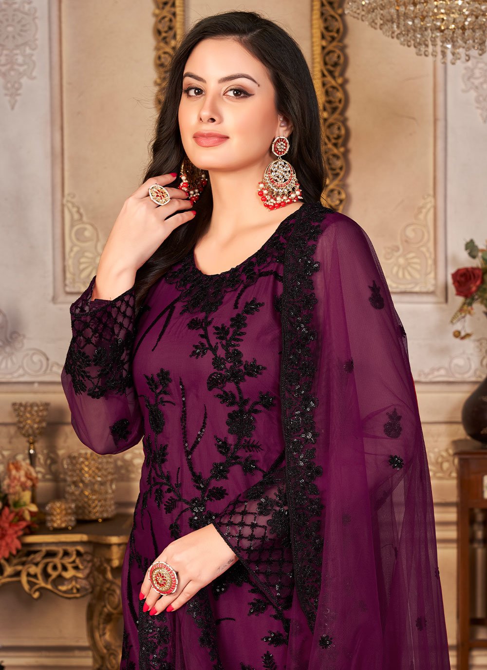 Pakistani Salwar Suit Net Purple Embroidered Salwar Kameez