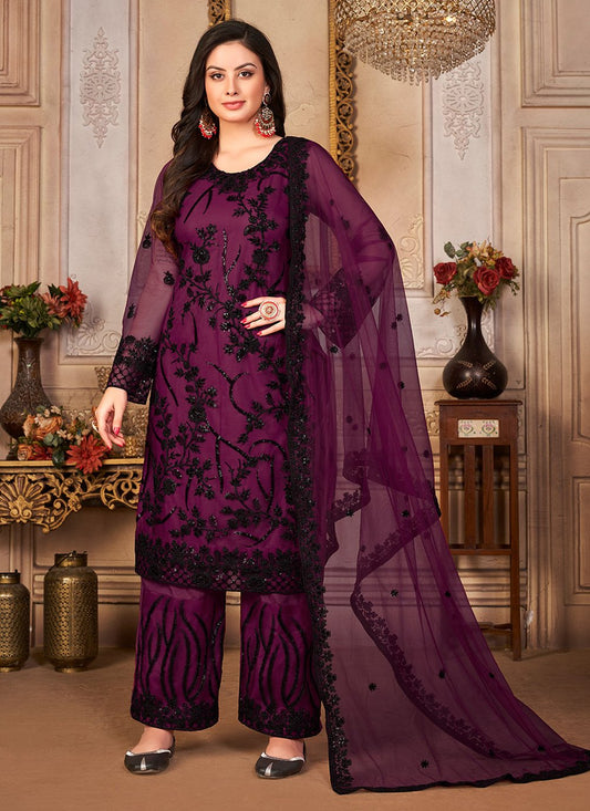 Pakistani Salwar Suit Net Purple Embroidered Salwar Kameez