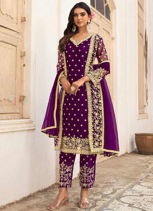 Pakistani Salwar Suit Net Purple Embroidered Salwar Kameez