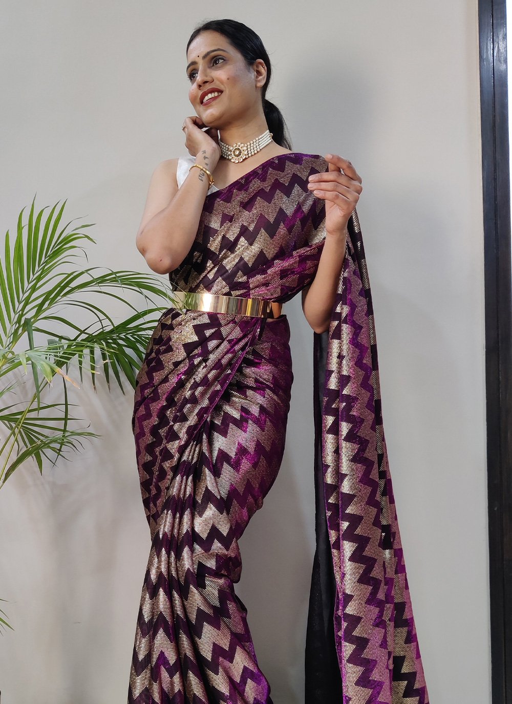 Contemporary Net Purple Foil Print Saree