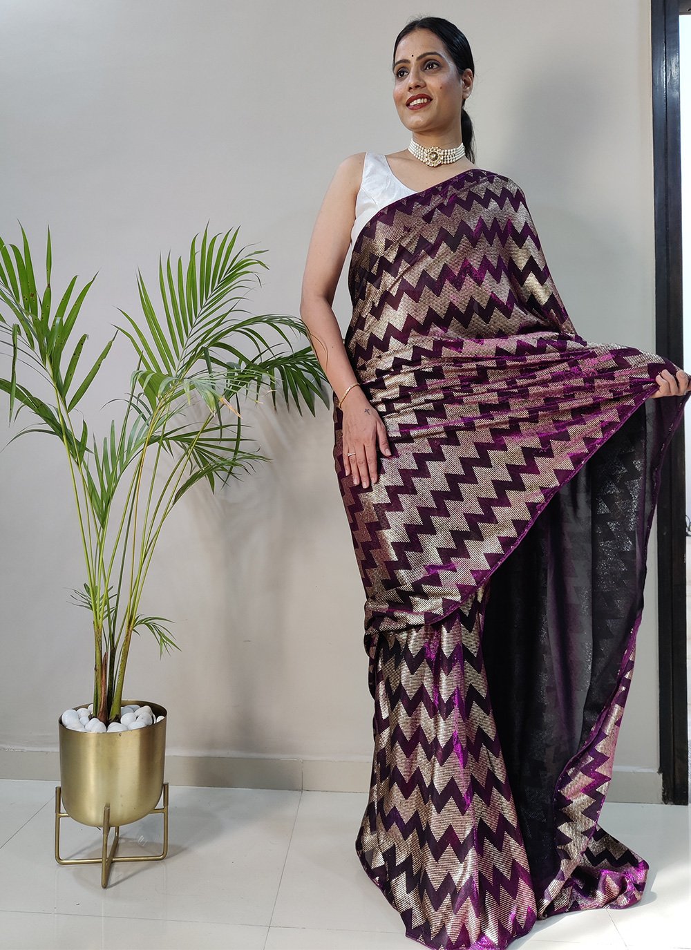 Contemporary Net Purple Foil Print Saree