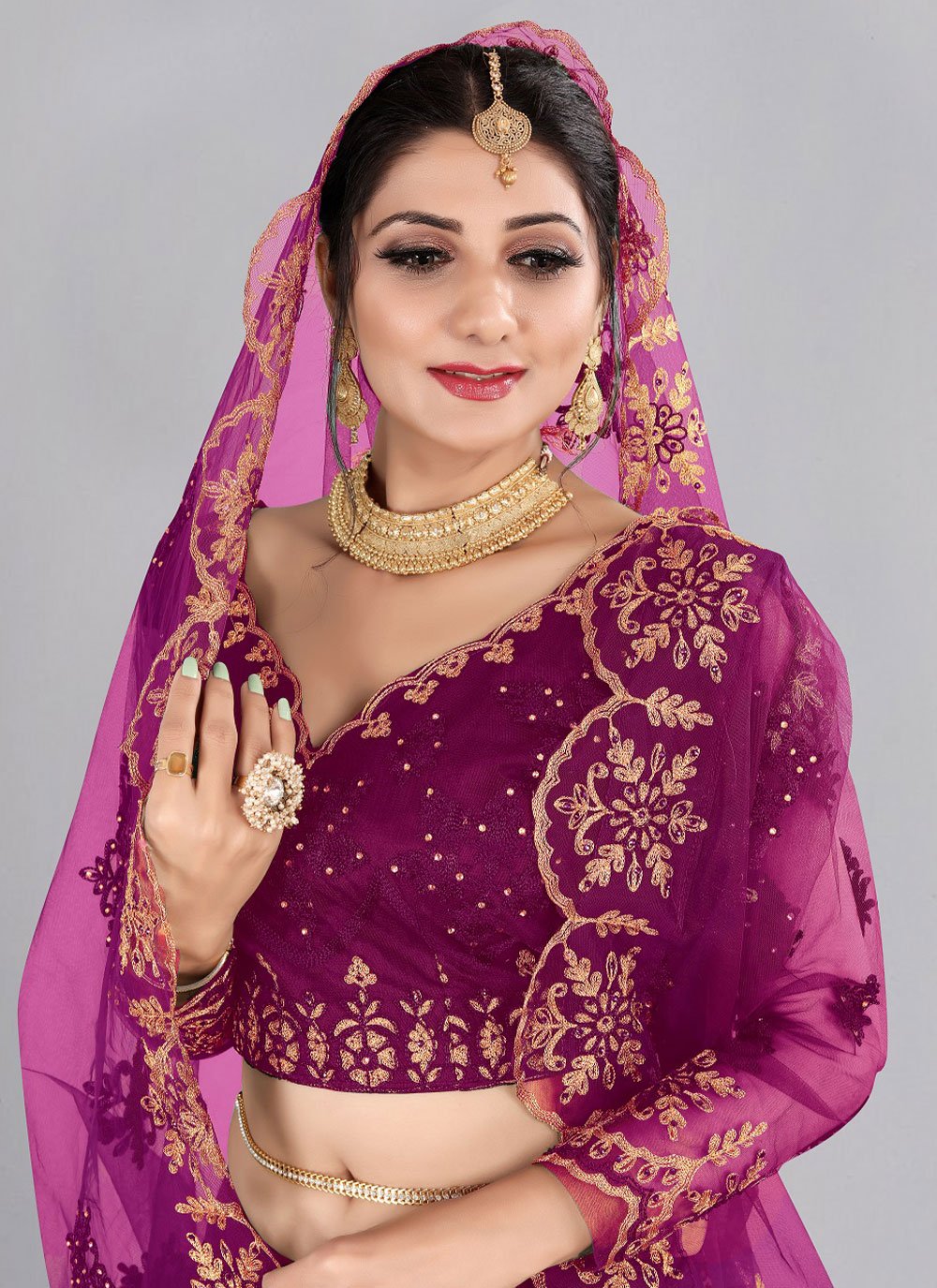 A Line Lehenga Net Purple Embroidered Lehenga Choli