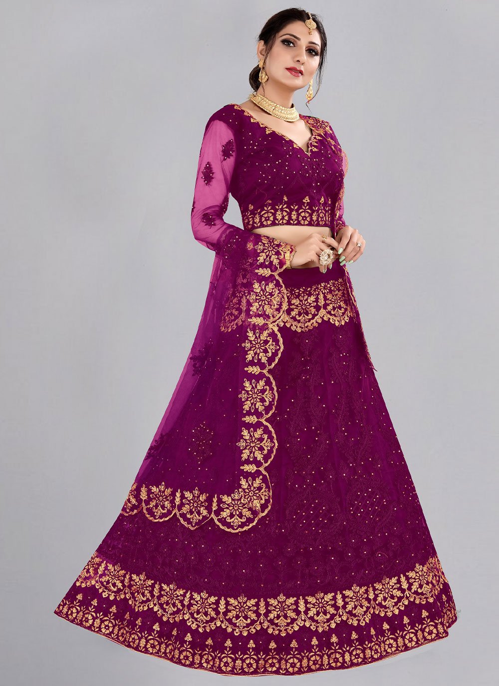 A Line Lehenga Net Purple Embroidered Lehenga Choli