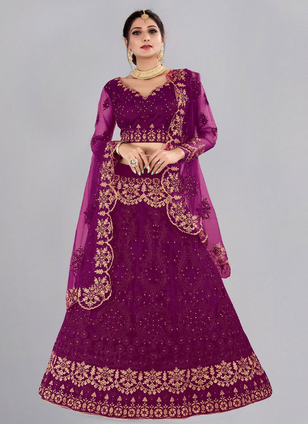 A Line Lehenga Net Purple Embroidered Lehenga Choli