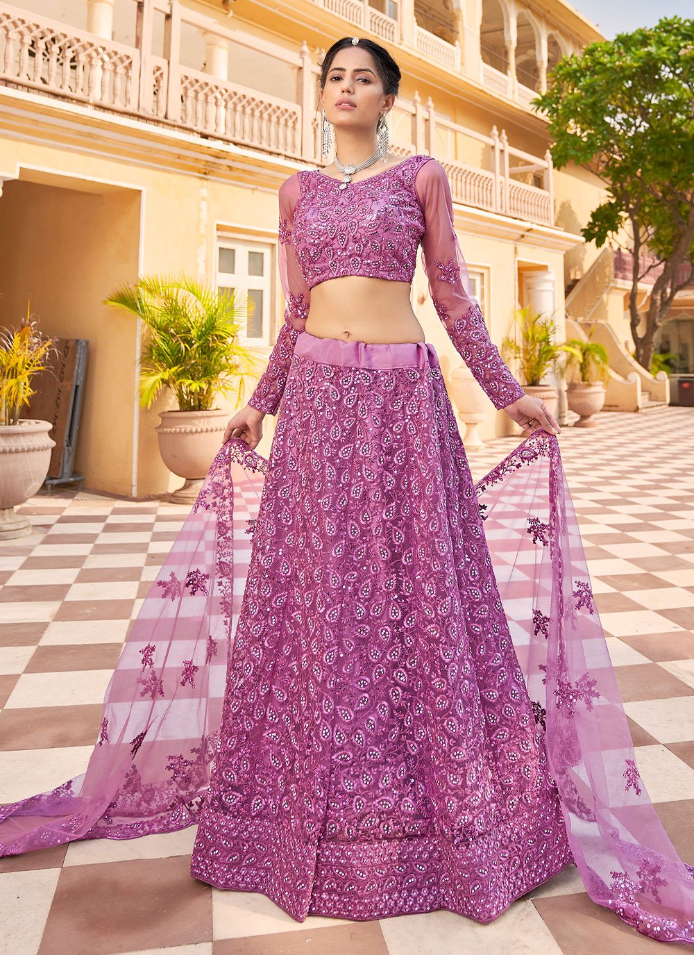 Lehenga Choli Net Purple Embroidered Lehenga Choli