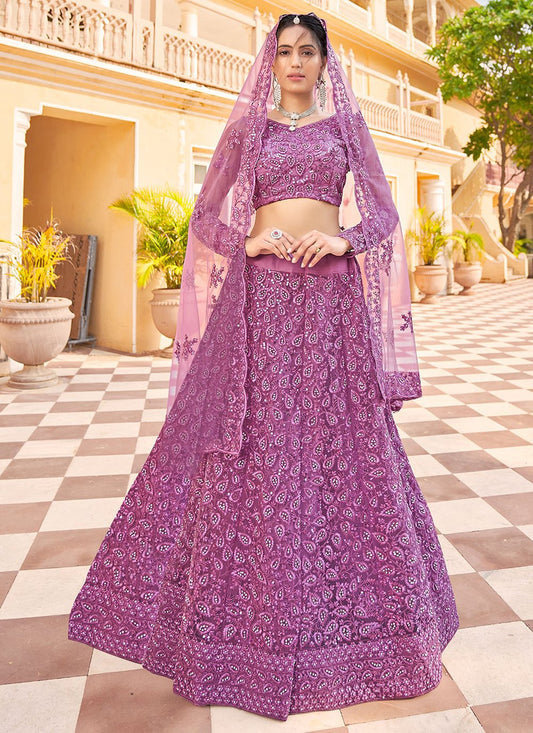 Lehenga Choli Net Purple Embroidered Lehenga Choli