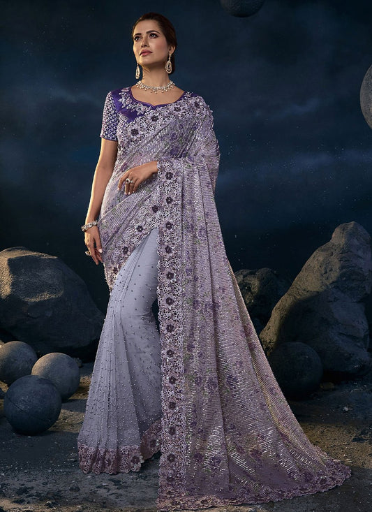 Trendy Saree Net Purple Embroidered Saree