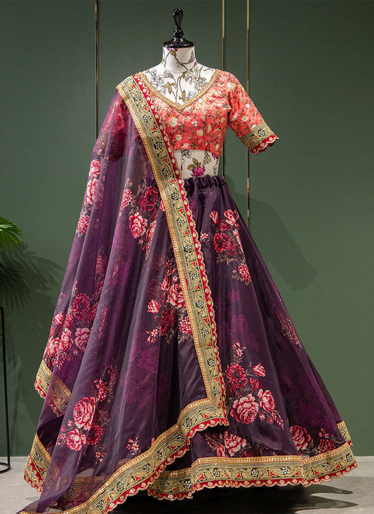 A Line Lehenga Organza Purple Embroidered Lehenga Choli