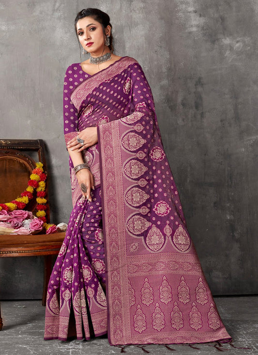 Classic Organza Purple Embroidered Saree