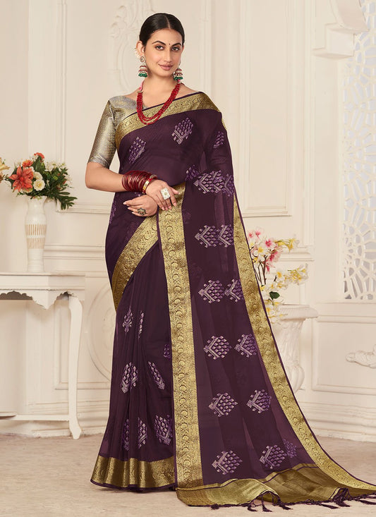 Classic Organza Purple Embroidered Saree