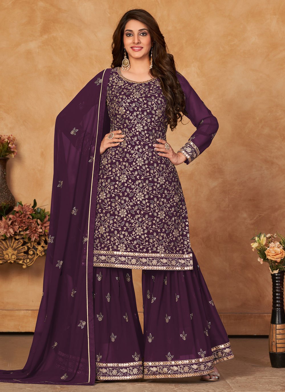 Pakistani Salwar Suit Faux Georgette Purple Embroidered Salwar Kameez