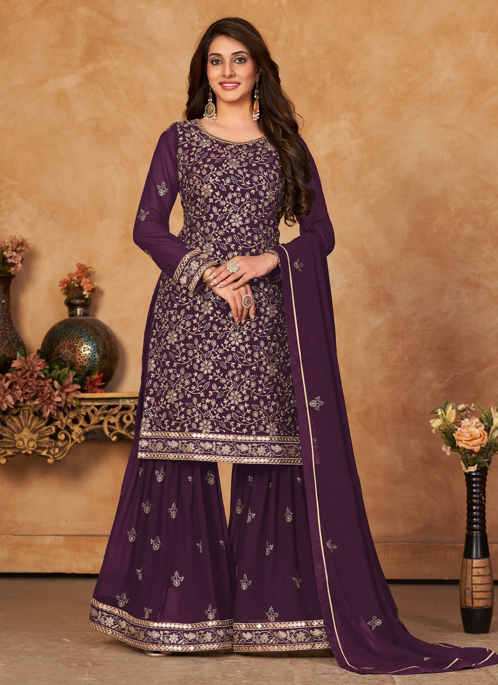 Pakistani Salwar Suit Faux Georgette Purple Embroidered Salwar Kameez