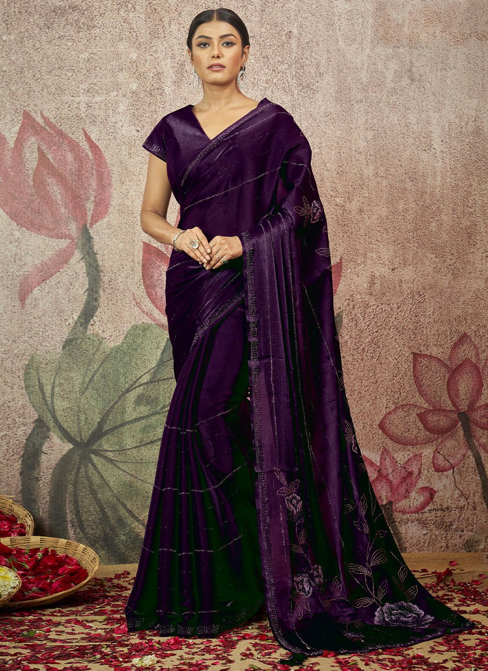 Classic Satin Silk Purple Embroidered Saree