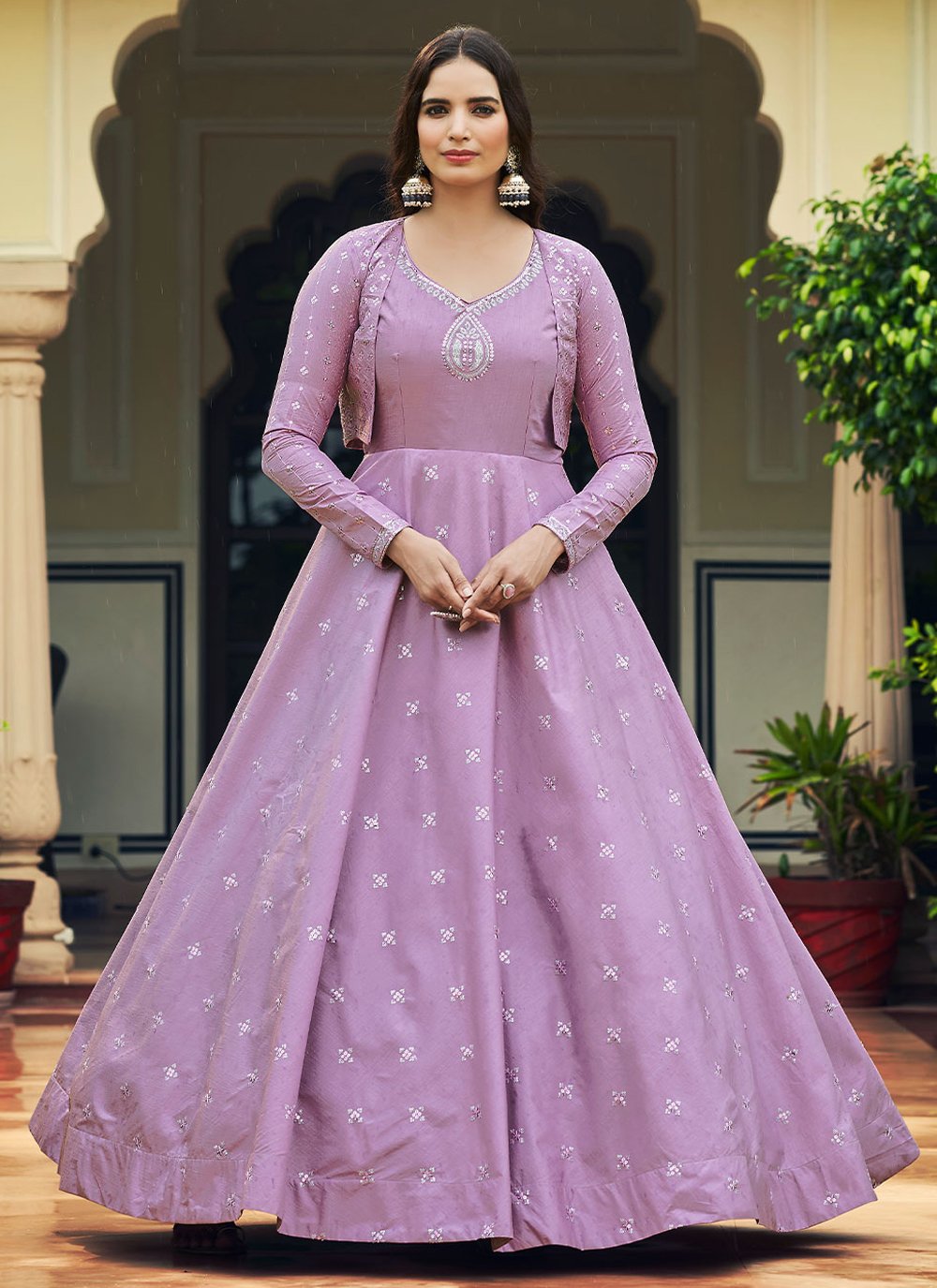 Designer Gown Cotton Purple Embroidered Gown