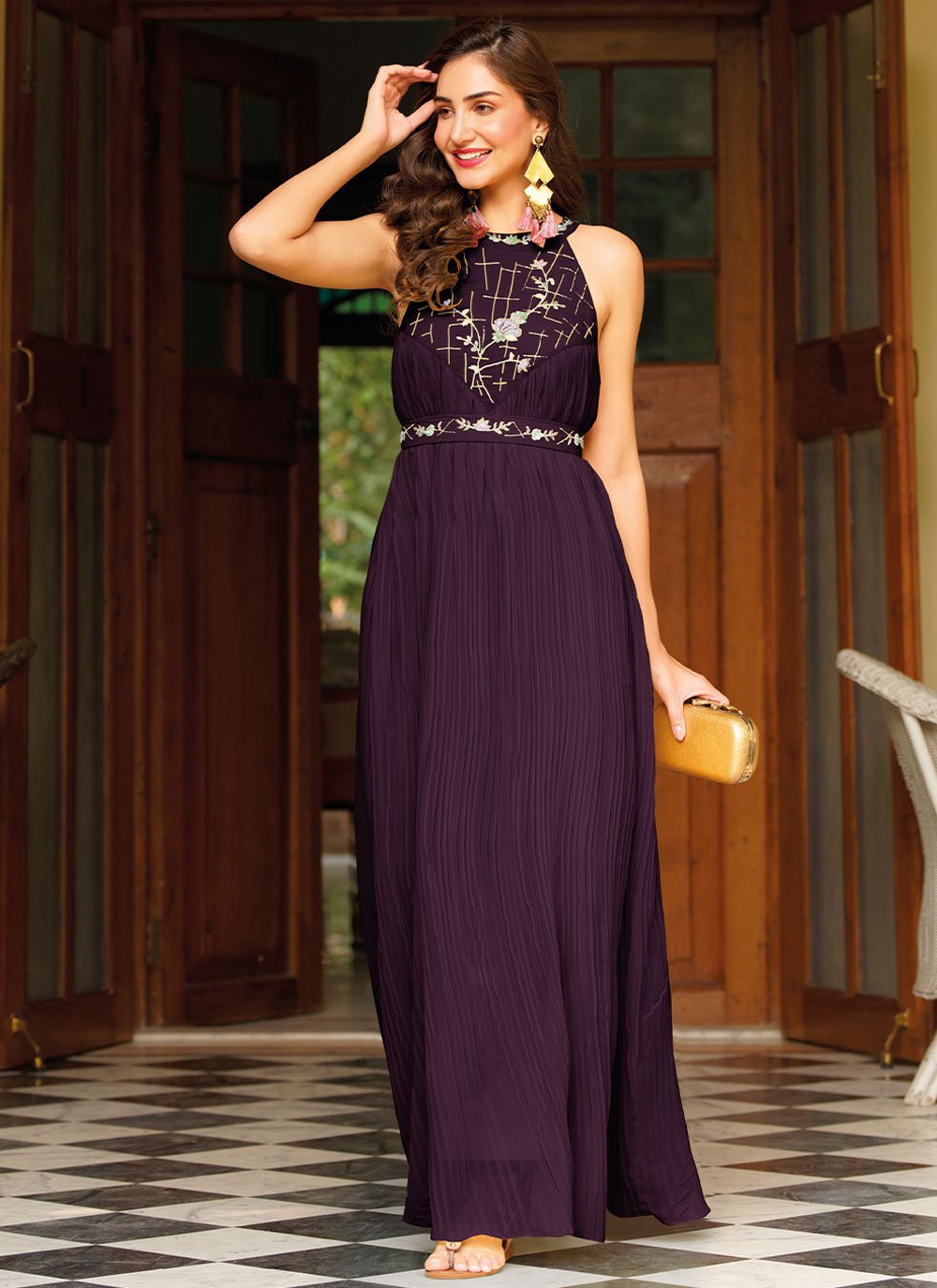 Gown Georgette Purple Embroidered Gown