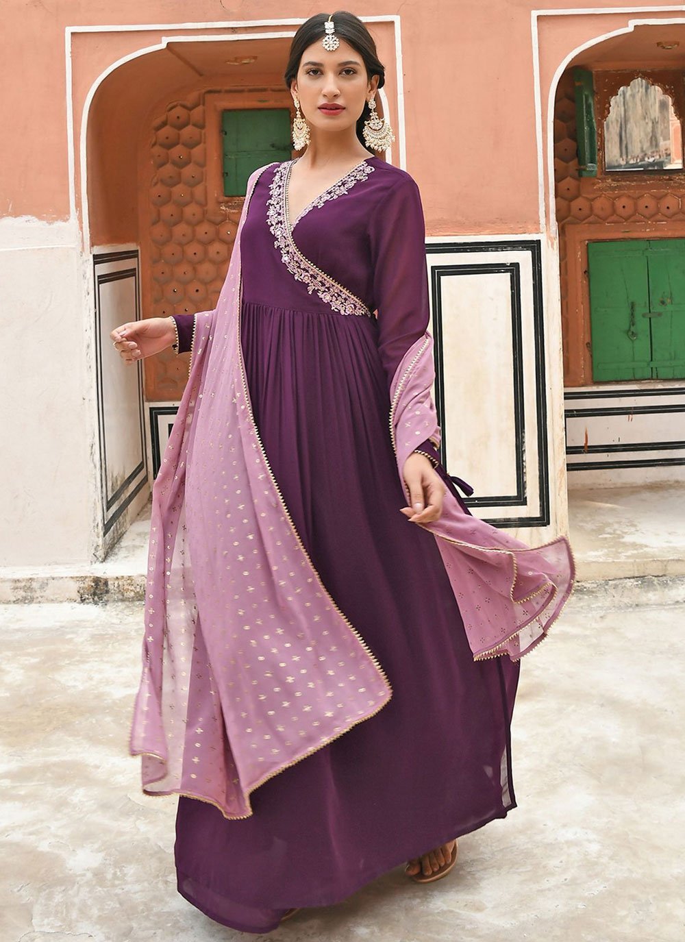 Gown Georgette Purple Embroidered Gown