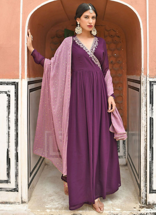 Gown Georgette Purple Embroidered Gown